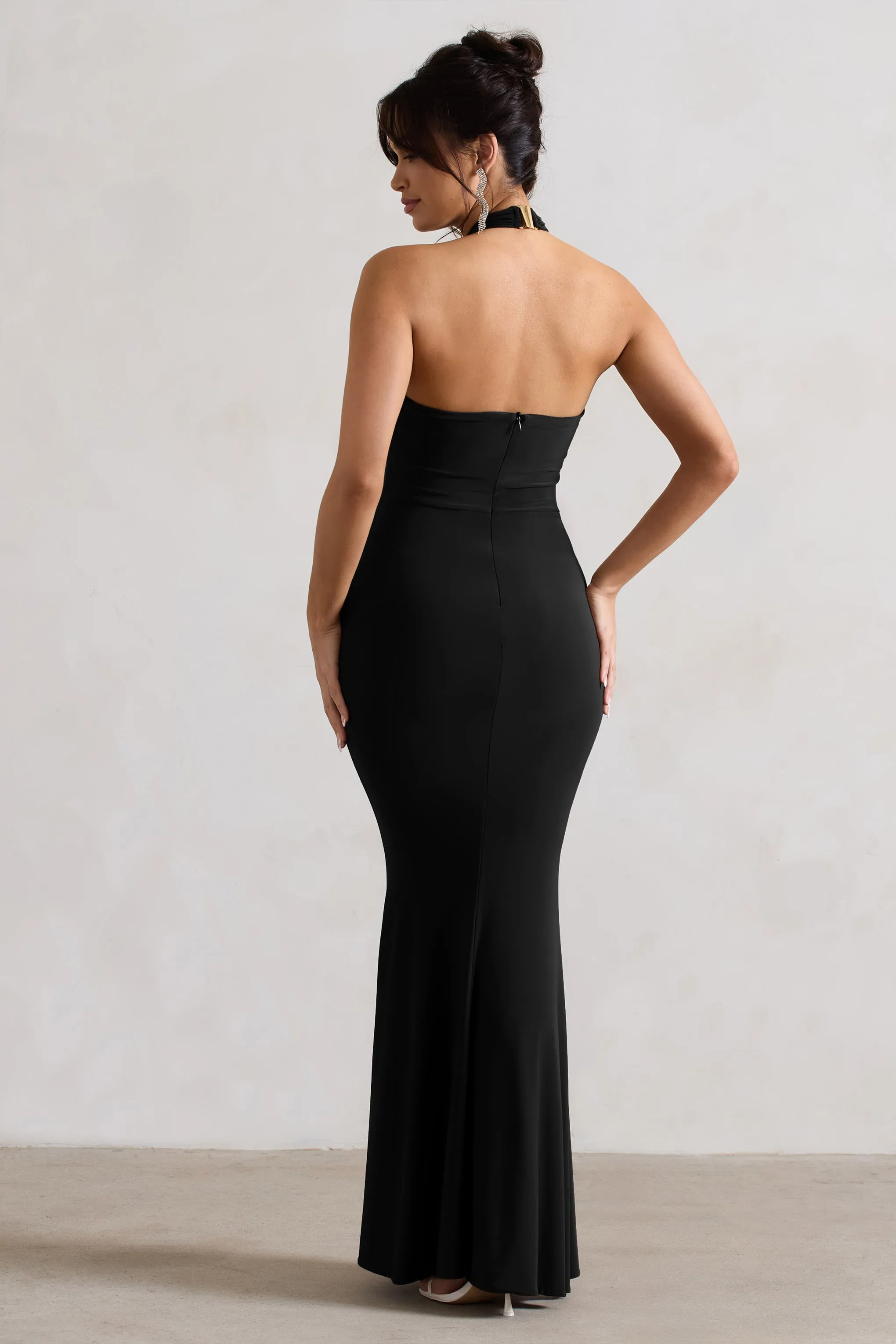 Kira | Black Halter-Neck Cut-Out Split Maxi Dress With Flowers sold by Club L London product image thumbnail 2