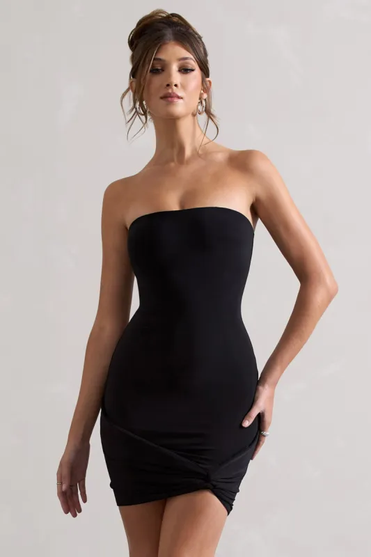 Jamie | Black Strapless Mini Dress With Knot Skirt sold by Club L London