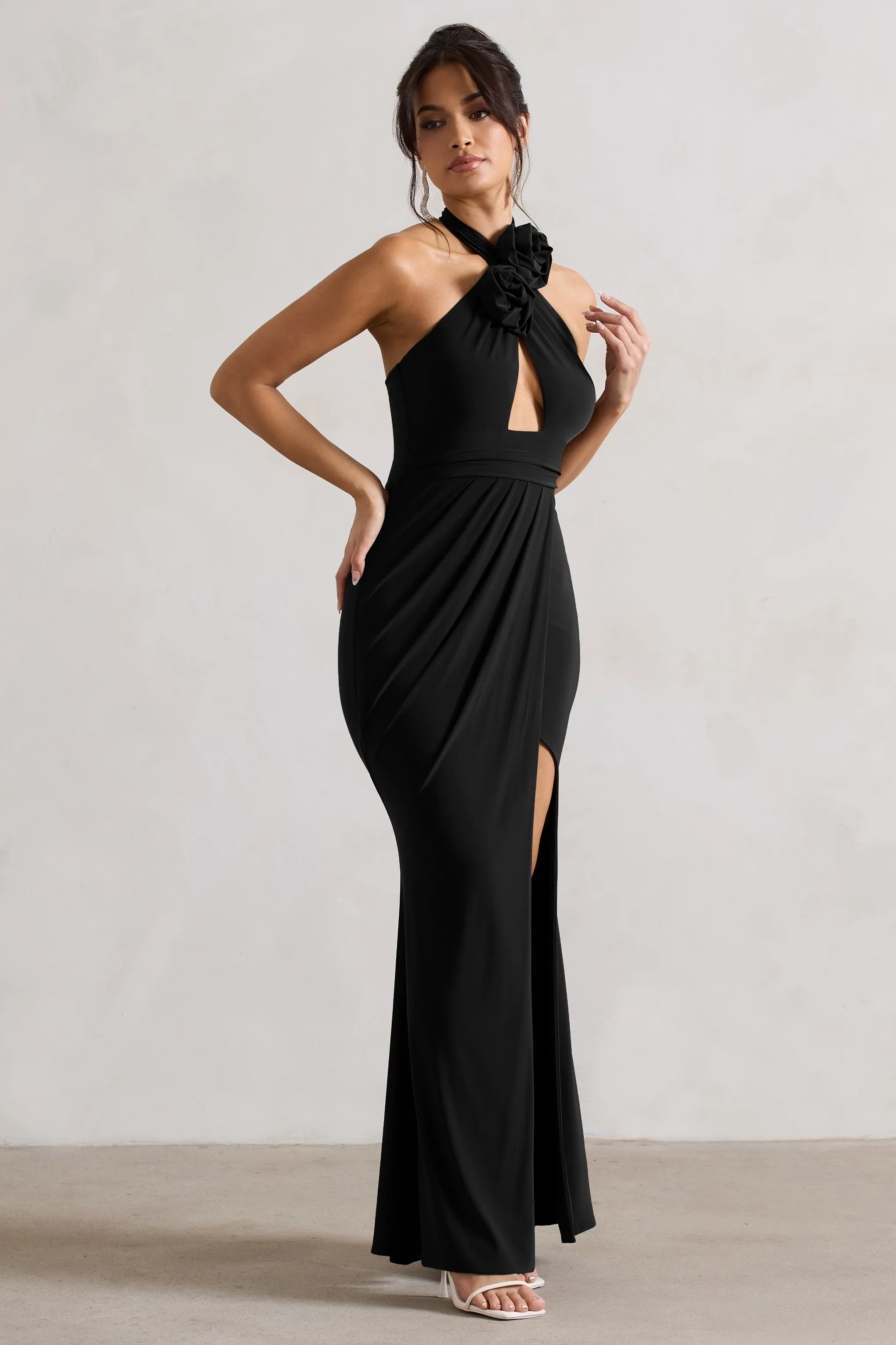 Kira | Black Halter-Neck Cut-Out Split Maxi Dress With Flowers sold by Club L London product image thumbnail 5