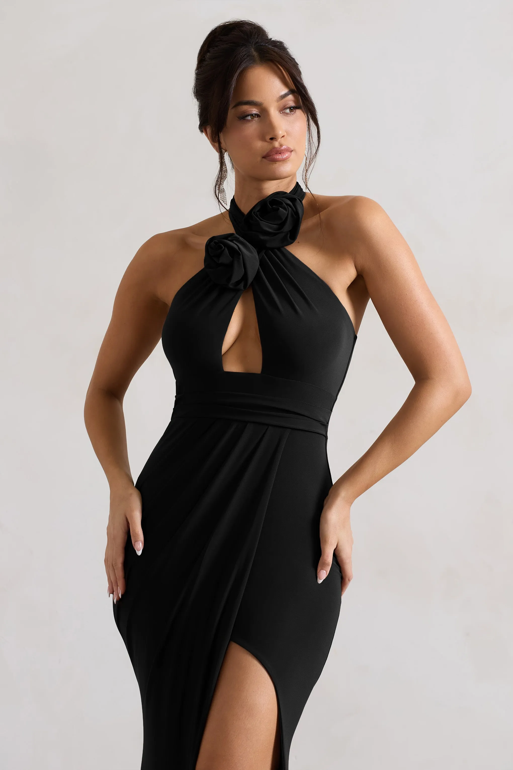 Kira | Black Halter-Neck Cut-Out Split Maxi Dress With Flowers sold by Club L London product image thumbnail 3