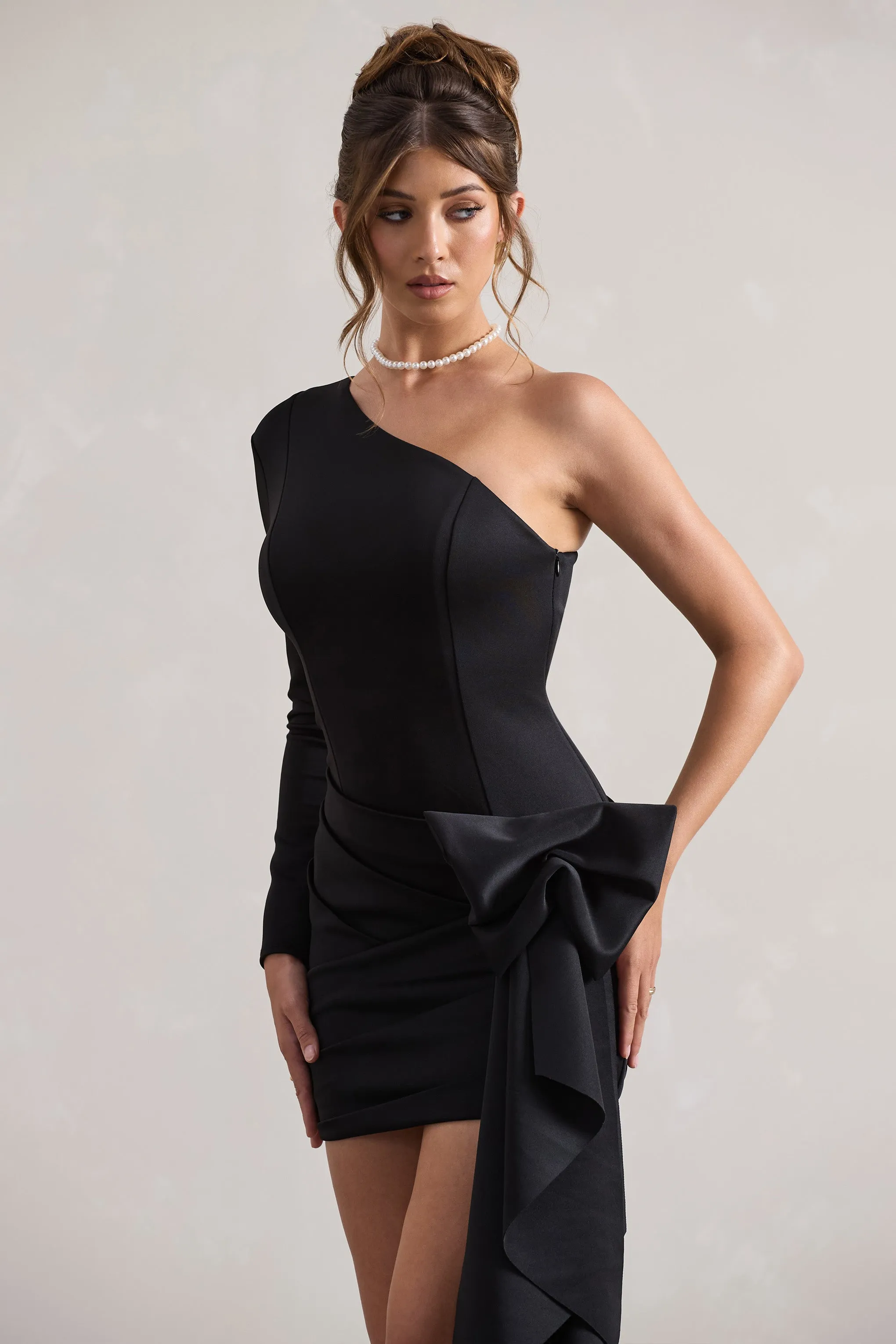 Abstract | Black One Shoulder Mini Dress With Side Drape sold by Club L London product image thumbnail 3