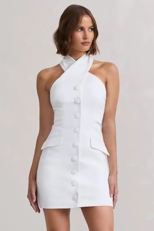 Dani | White Halter Neck Tailored Buttoned Bodycon Mini Dress sold by Club L London