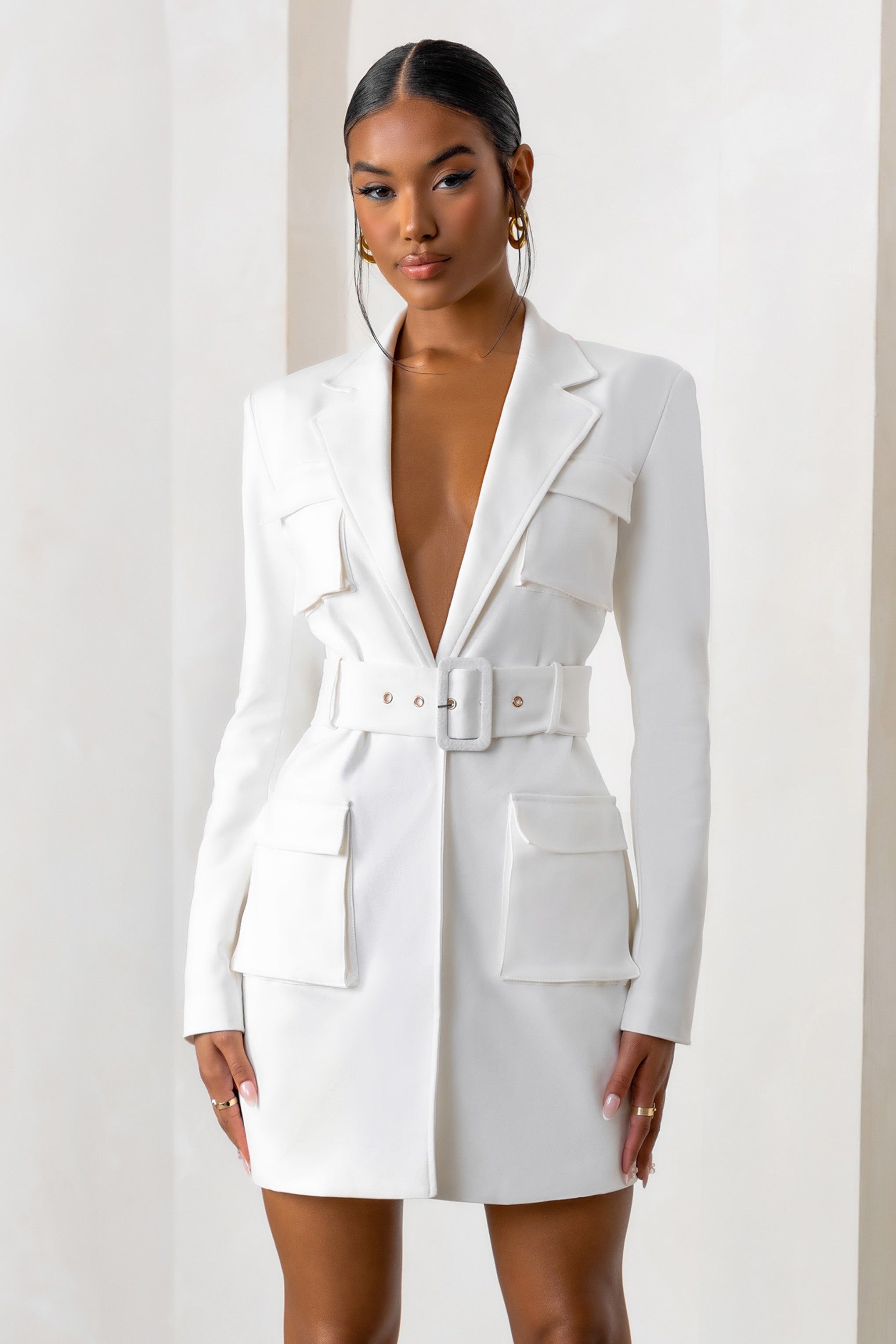 Tabitha | White Plunge Neck Blazer Mini Dress With Utility Pockets And Belt Detail sold by Club L London product image thumbnail 4