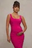 Lisbon | Hot Pink Maternity Square Neck Ruched Midi Dress sold by Club L London