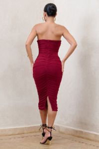 My Girl | Burgundy Bandeau Bodycon Ruched Mesh Midi Dress sold by Club L London