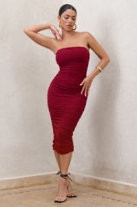 My Girl | Burgundy Bandeau Bodycon Ruched Mesh Midi Dress sold by Club L London