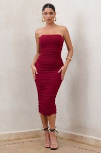 My Girl | Burgundy Bandeau Bodycon Ruched Mesh Midi Dress sold by Club L London