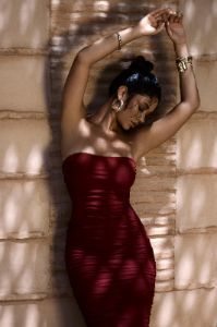 My Girl | Burgundy Bandeau Bodycon Ruched Mesh Midi Dress sold by Club L London