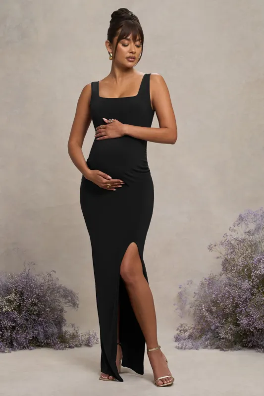 Avril | Black Square Neck Maternity Maxi Dress with Split sold by Club L London