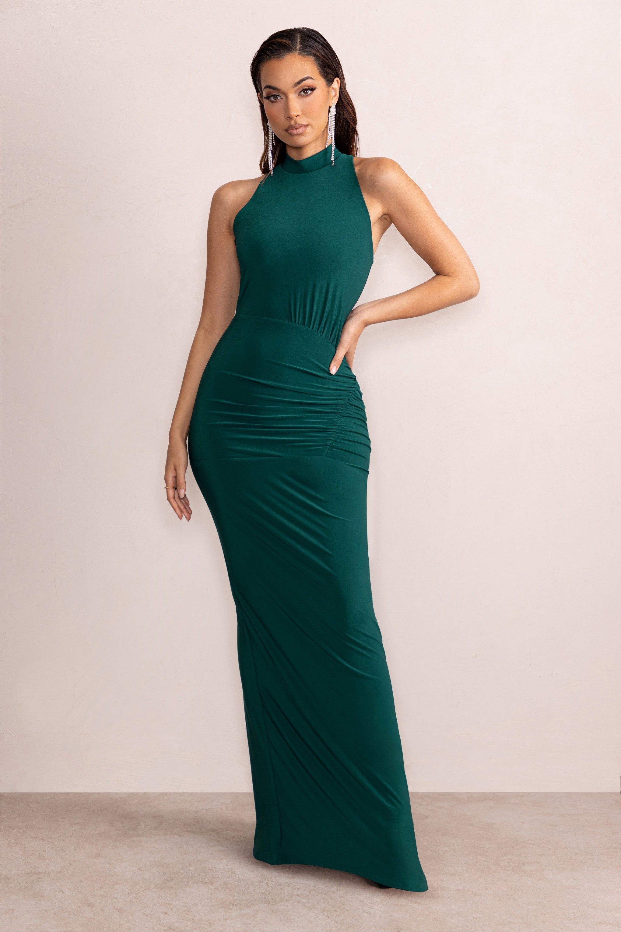 Liori | Bottle Green Halter Neck Maxi Dress With Ruching Detail sold by Club L London product image thumbnail 5
