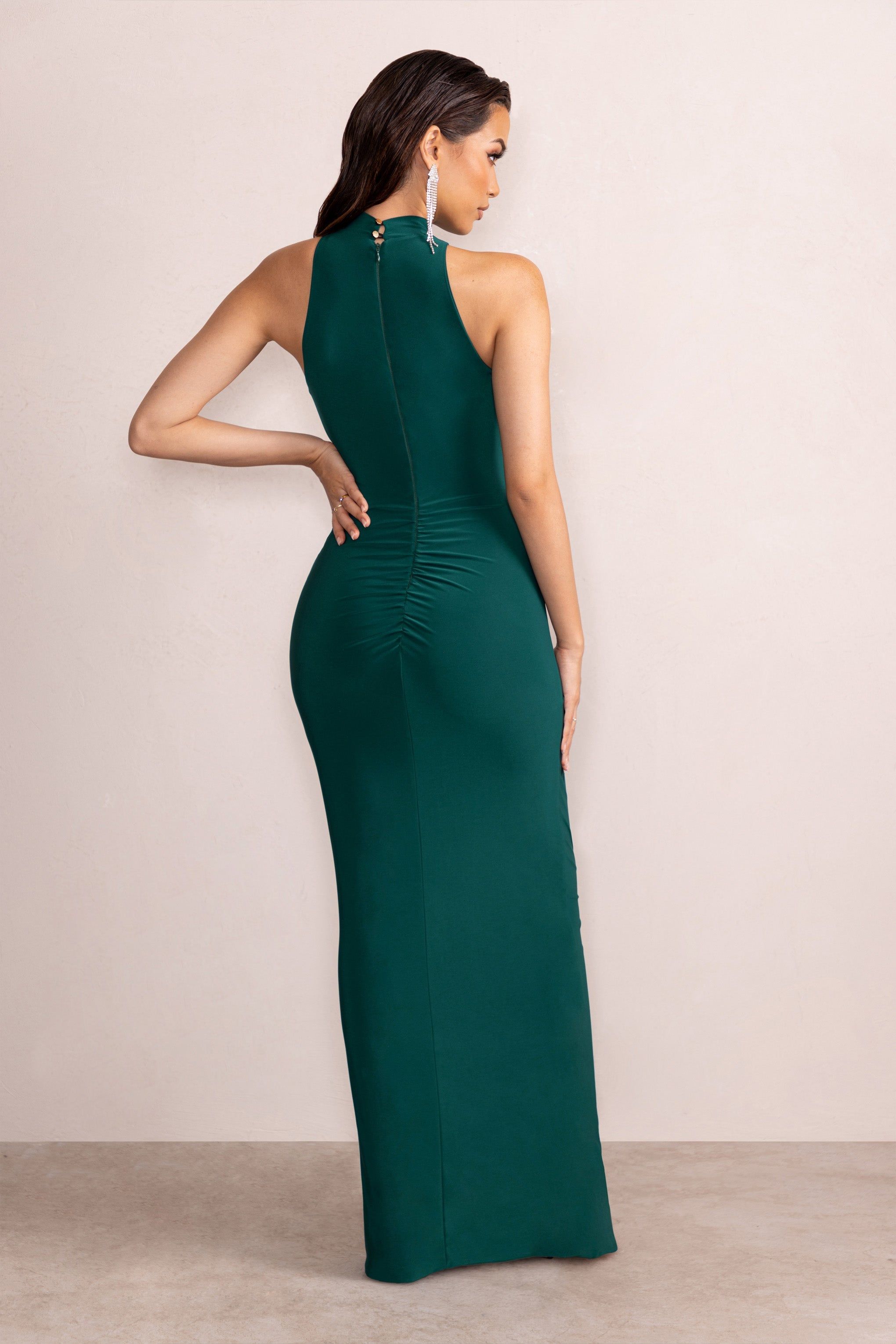 Liori | Bottle Green Halter Neck Maxi Dress With Ruching Detail sold by Club L London product image thumbnail 2