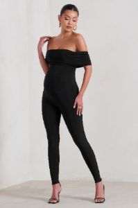 Carefully Crafted | Black Maternity Bardot Fitted Jumpsuit sold by Club L London