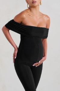 Carefully Crafted | Black Maternity Bardot Fitted Jumpsuit sold by Club L London