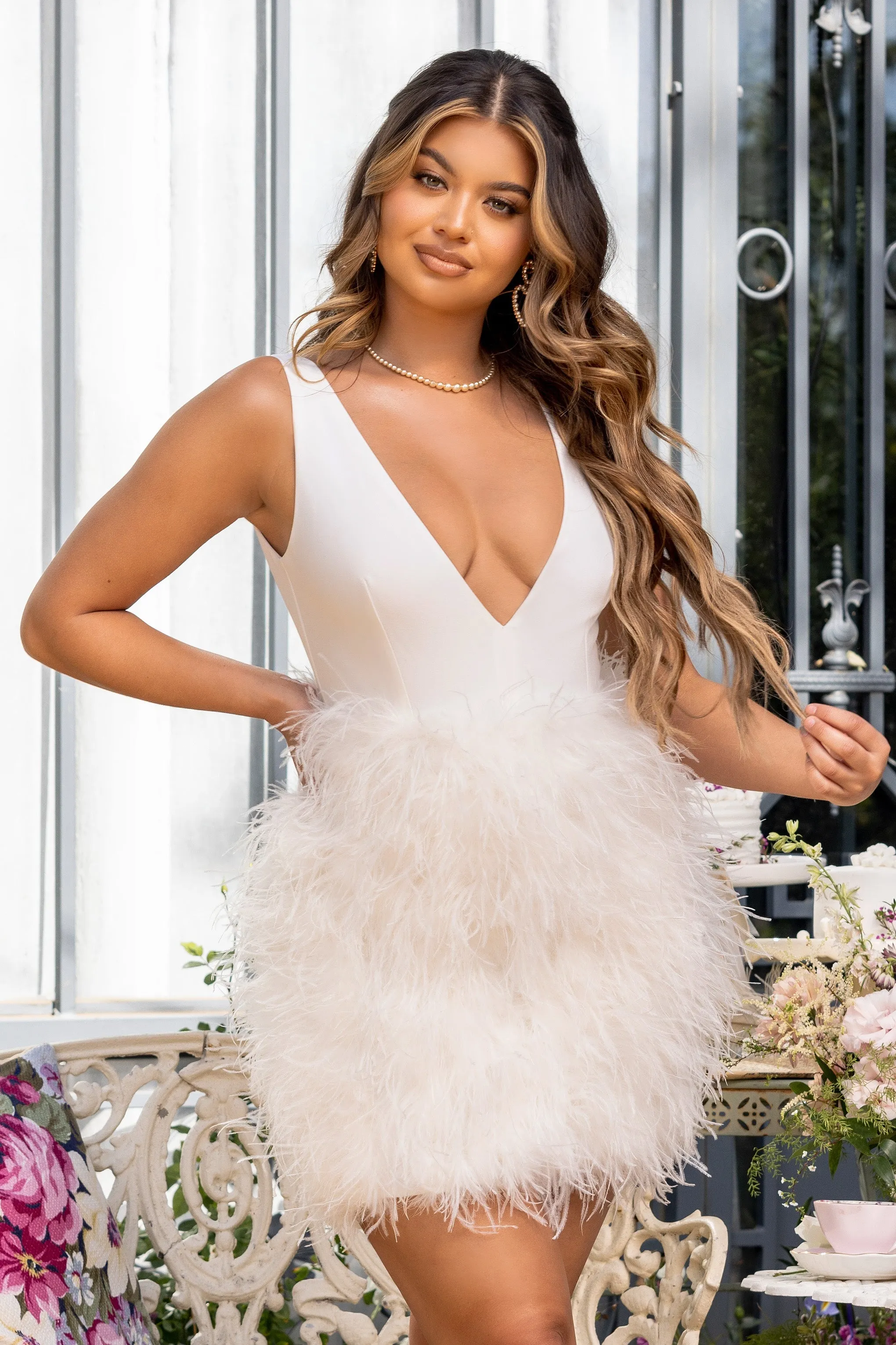 Flirt | White Plunge Front Mini Dress With Feather Skirt sold by Club L London