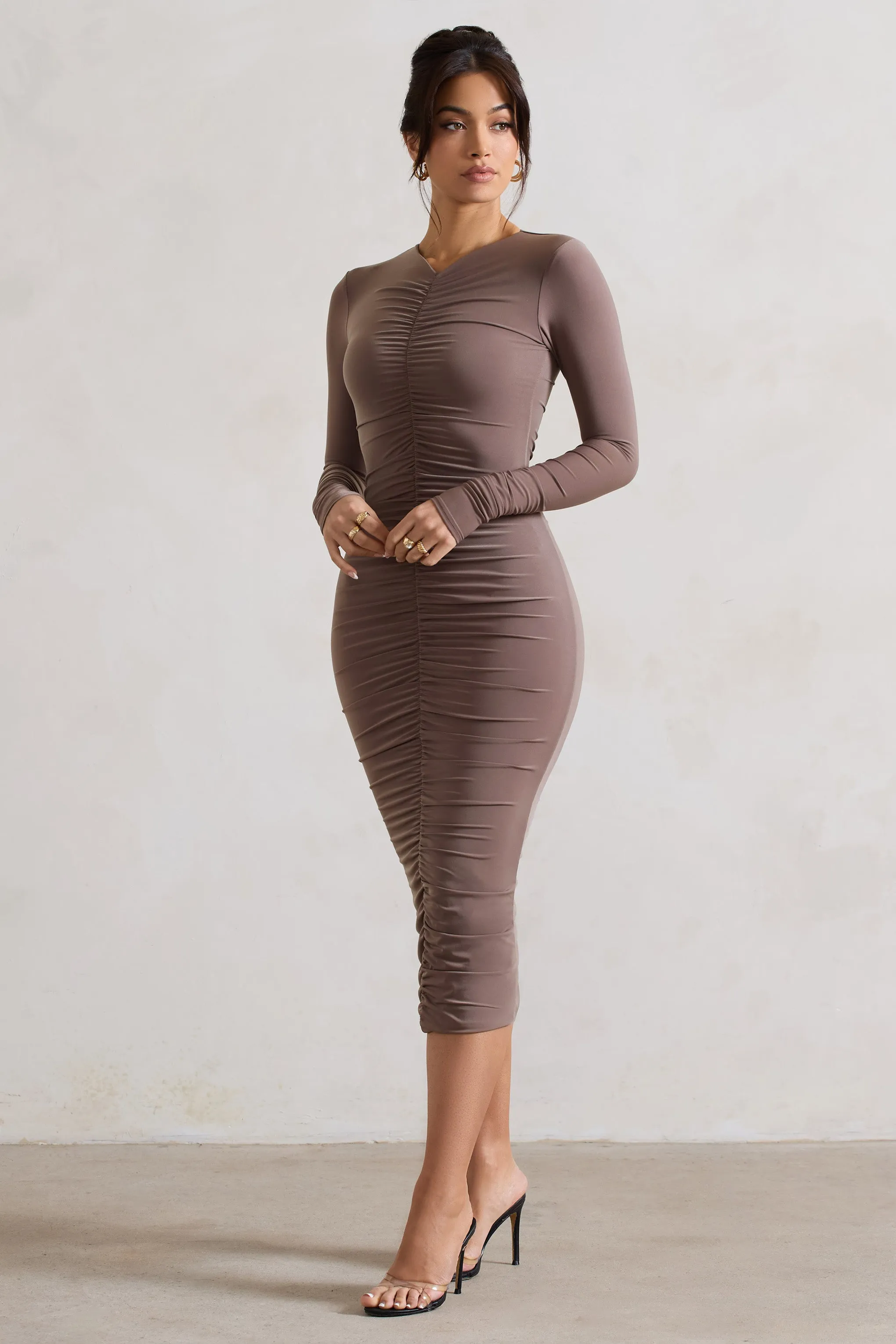 Monique | Mocha Ruched Bodycon Midi Dress sold by Club L London product image thumbnail 4