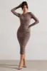 Monique | Mocha Ruched Bodycon Midi Dress sold by Club L London