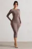 Monique | Mocha Ruched Bodycon Midi Dress sold by Club L London