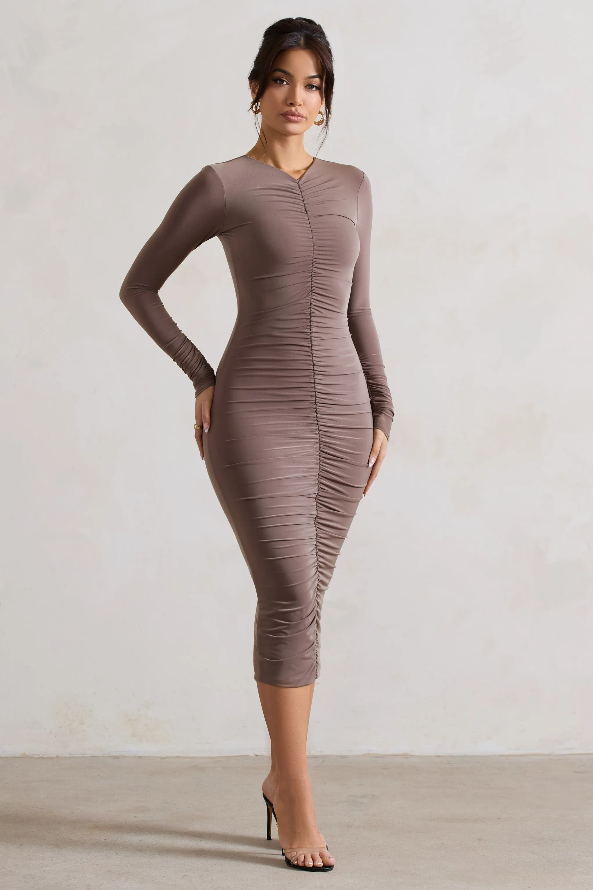 Monique | Mocha Ruched Bodycon Midi Dress sold by Club L London product image thumbnail 5