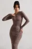 Monique | Mocha Ruched Bodycon Midi Dress sold by Club L London