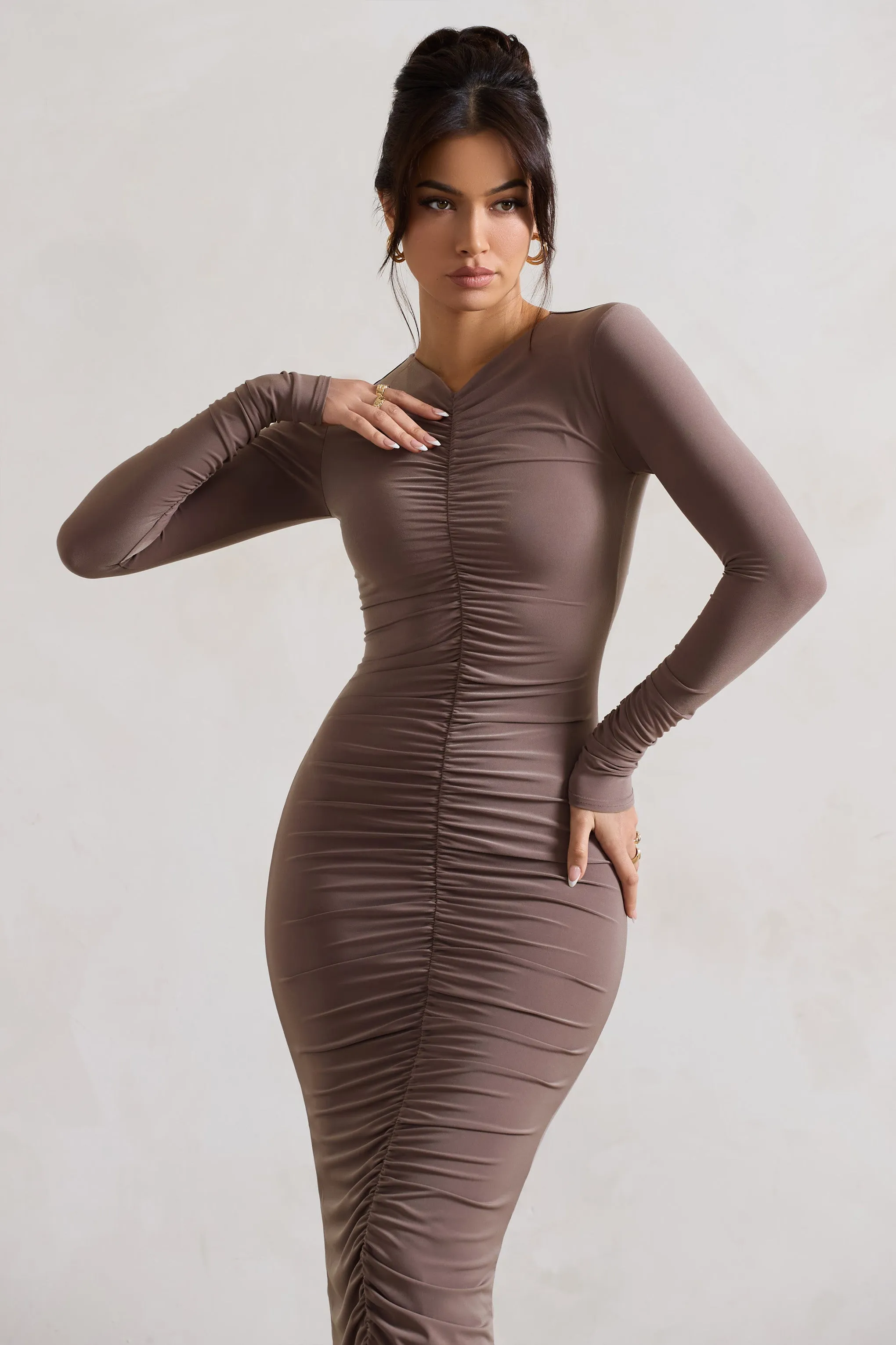 Monique | Mocha Ruched Bodycon Midi Dress sold by Club L London product image thumbnail 3