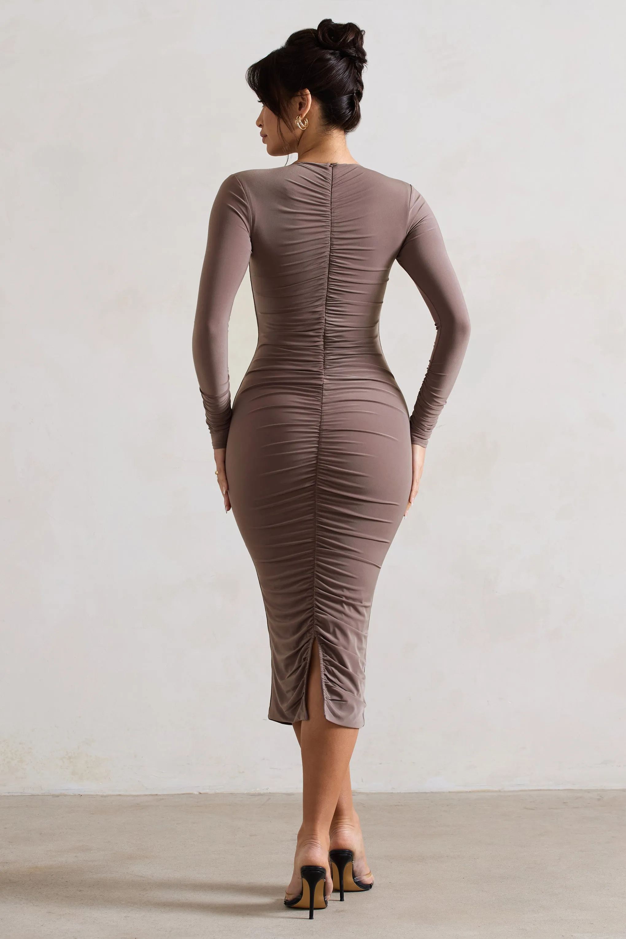Monique | Mocha Ruched Bodycon Midi Dress sold by Club L London product image thumbnail 2