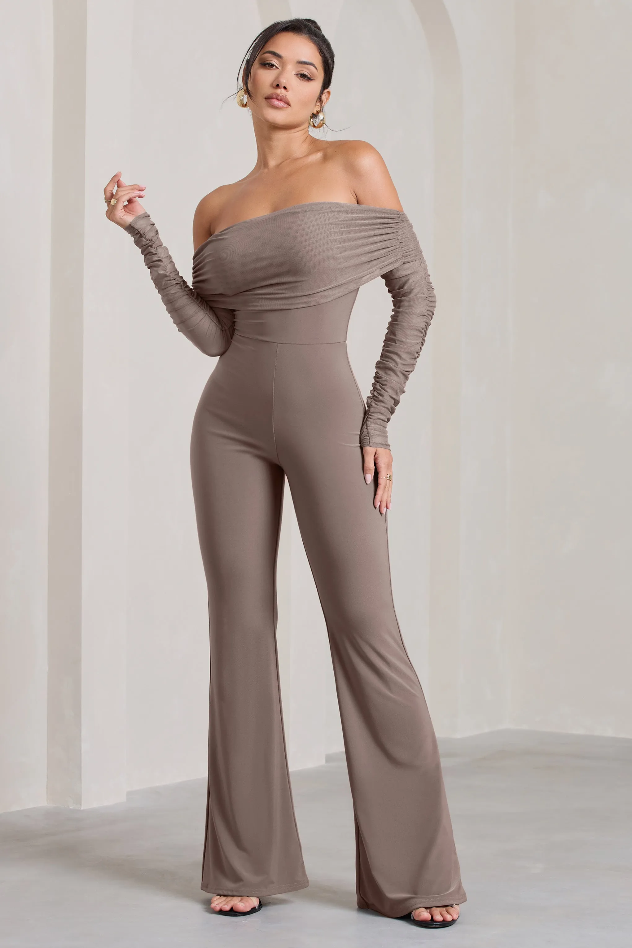 Whisper | Mocha Ruched Mesh Bardot Jumpsuit sold by Club L London product image thumbnail 4