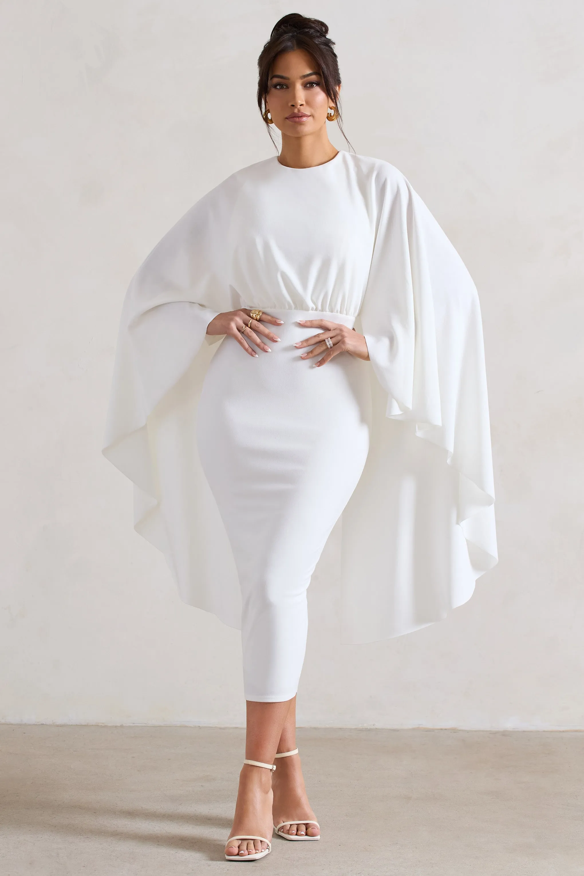 Tranquility | White Gathered Midi Dress With Cape sold by Club L London