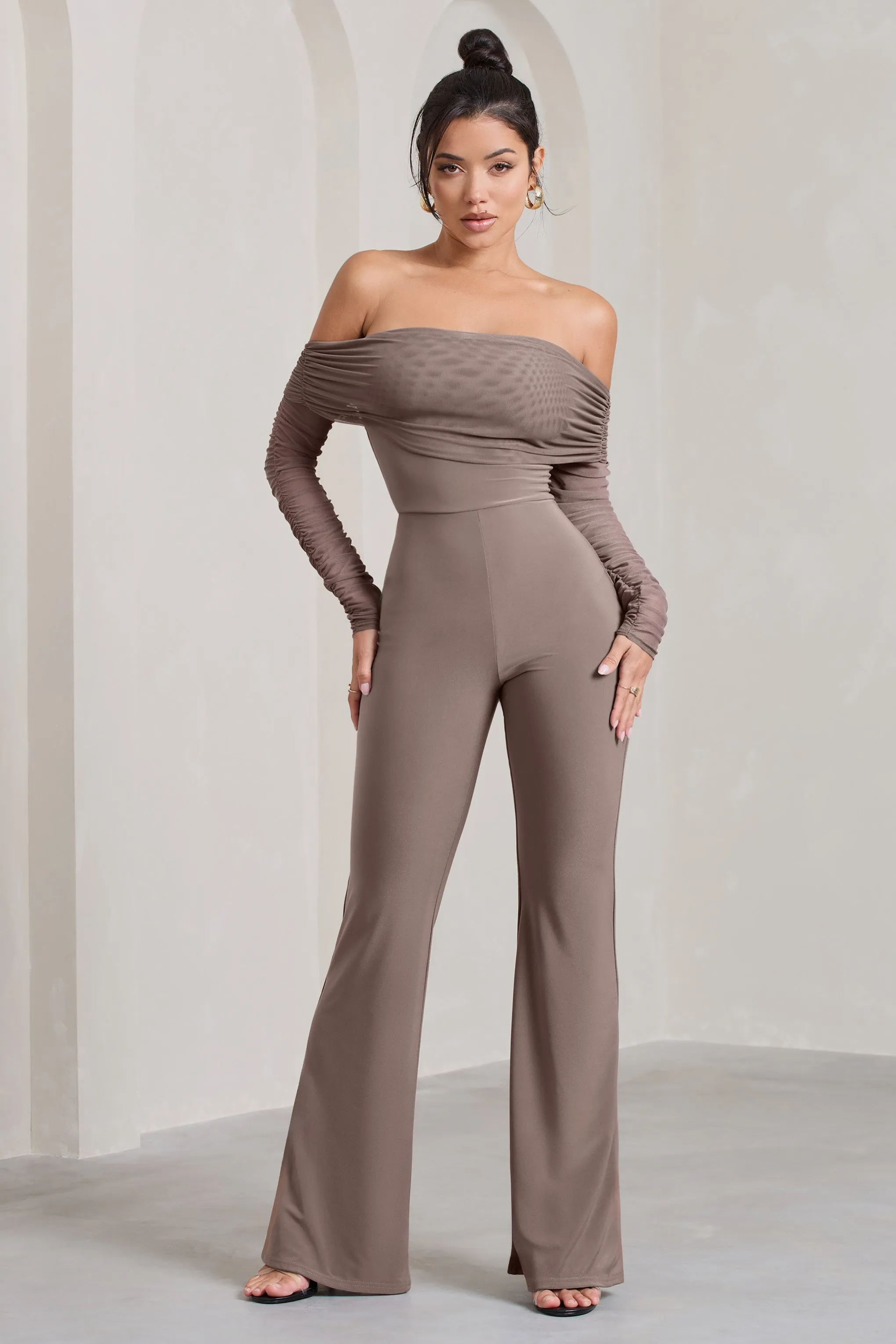 Whisper | Mocha Ruched Mesh Bardot Jumpsuit sold by Club L London product image thumbnail 5