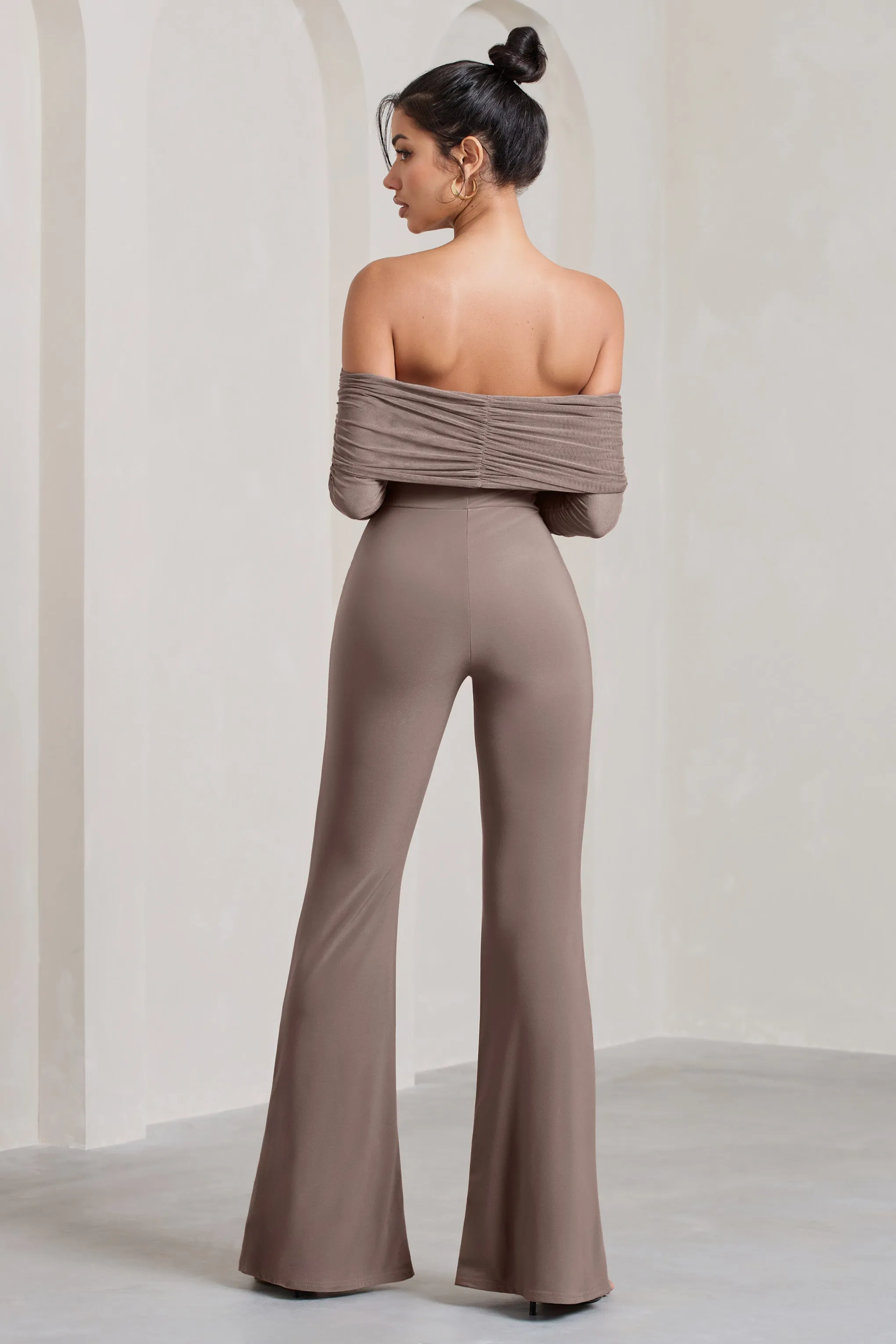 Whisper | Mocha Ruched Mesh Bardot Jumpsuit sold by Club L London product image thumbnail 2