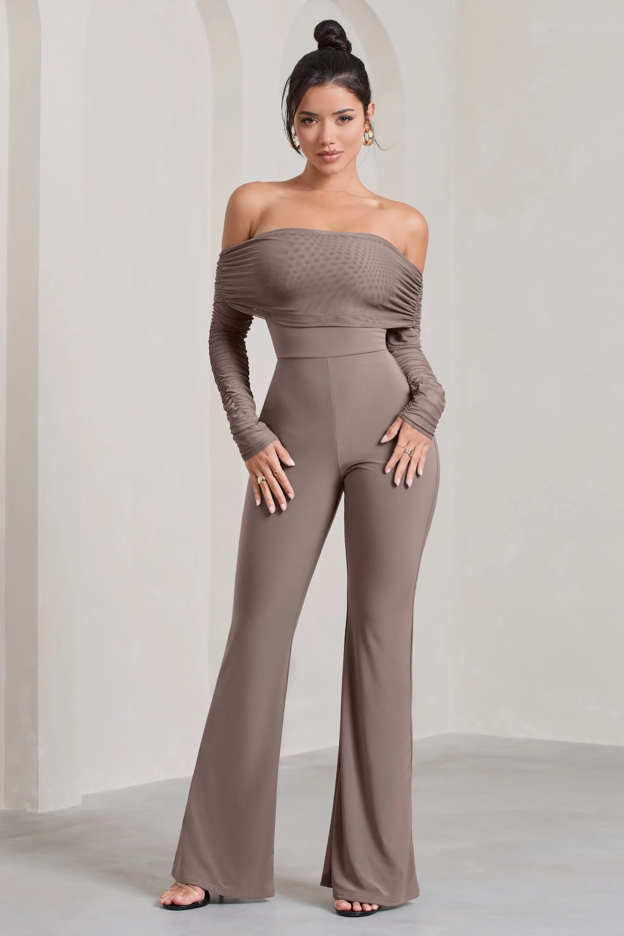 Whisper | Mocha Ruched Mesh Bardot Jumpsuit sold by Club L London