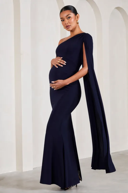 Amara | Navy One-Shoulder Maternity Maxi Dress With Cape sold by Club L London