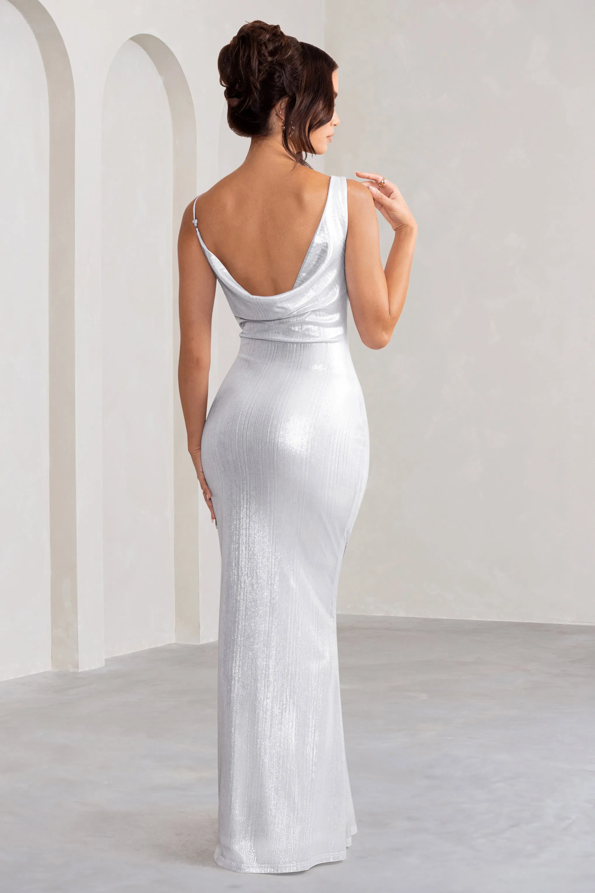 Galaxy Shimmer | Silver Bias Cut Cowl Front Maxi Dress sold by Club L London product image thumbnail 2
