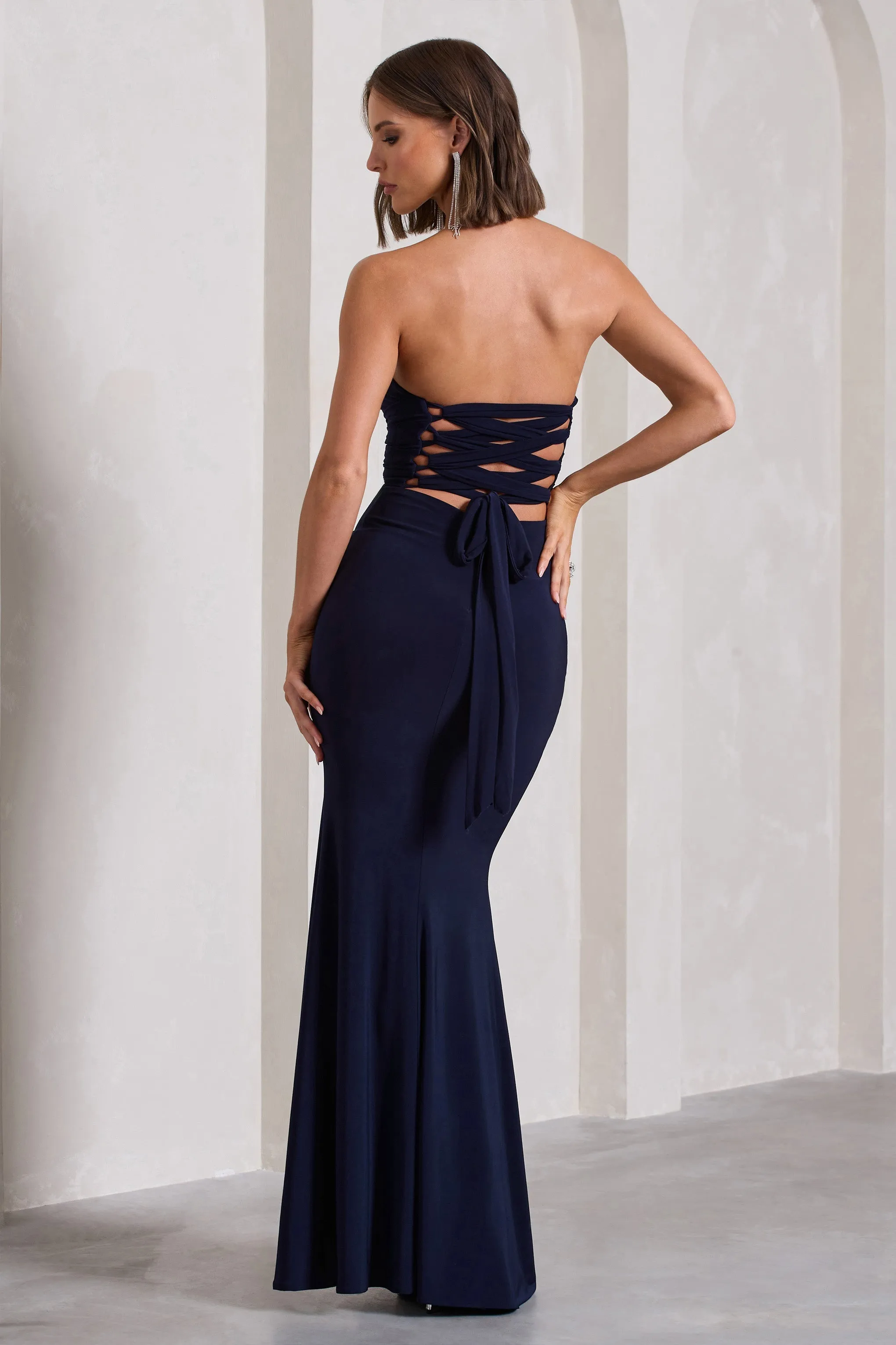 Midnight Calling | Navy Bandeau Split Lace-Up Maxi Dress sold by Club L London product image thumbnail 2