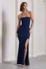 Midnight Calling | Navy Bandeau Split Lace-Up Maxi Dress sold by Club L London