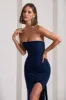 Midnight Calling | Navy Bandeau Split Lace-Up Maxi Dress sold by Club L London