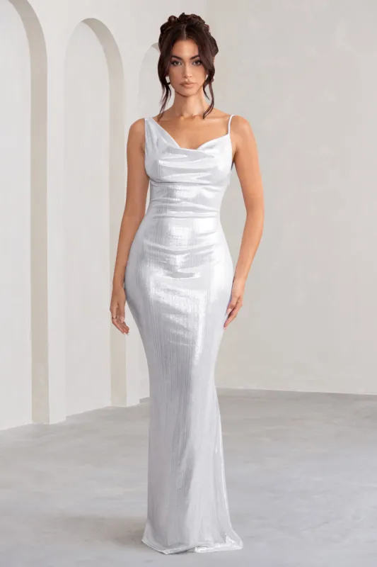 Galaxy Shimmer | Silver Bias Cut Cowl Front Maxi Dress sold by Club L London