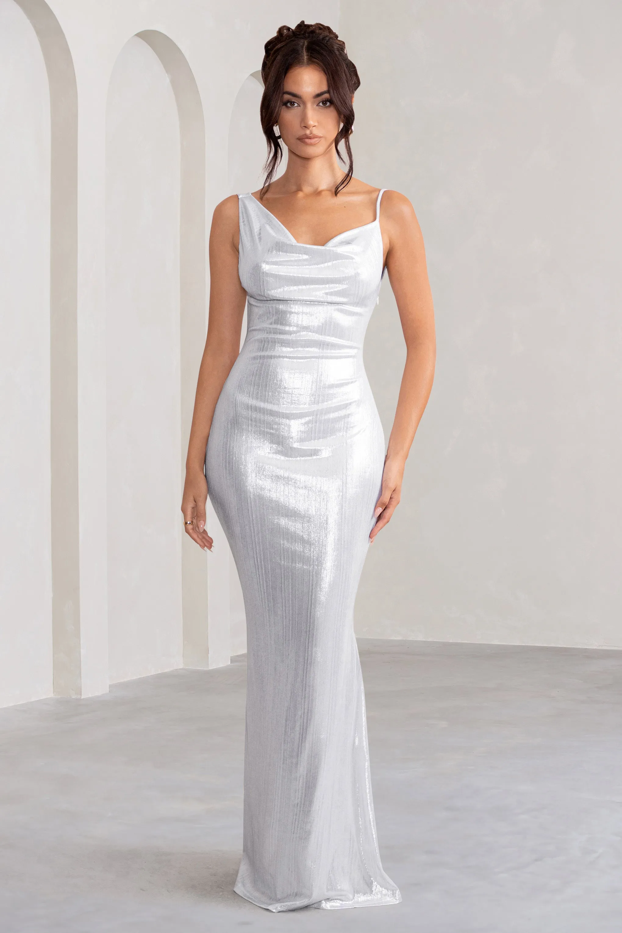Galaxy Shimmer | Silver Bias Cut Cowl Front Maxi Dress sold by Club L London