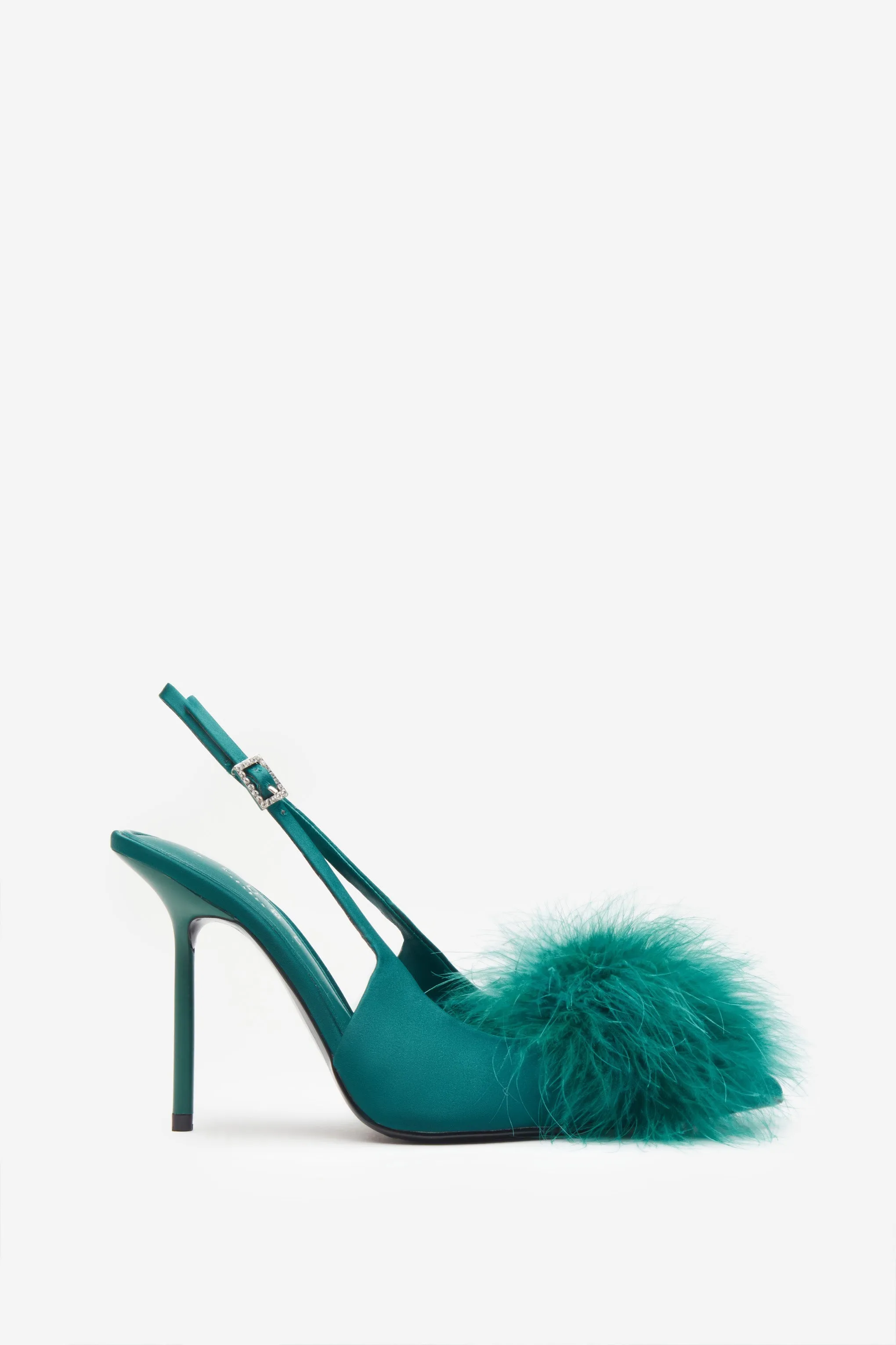 High Pitched | Green Satin Sling Back Heels With Pom Poms sold by Club L London