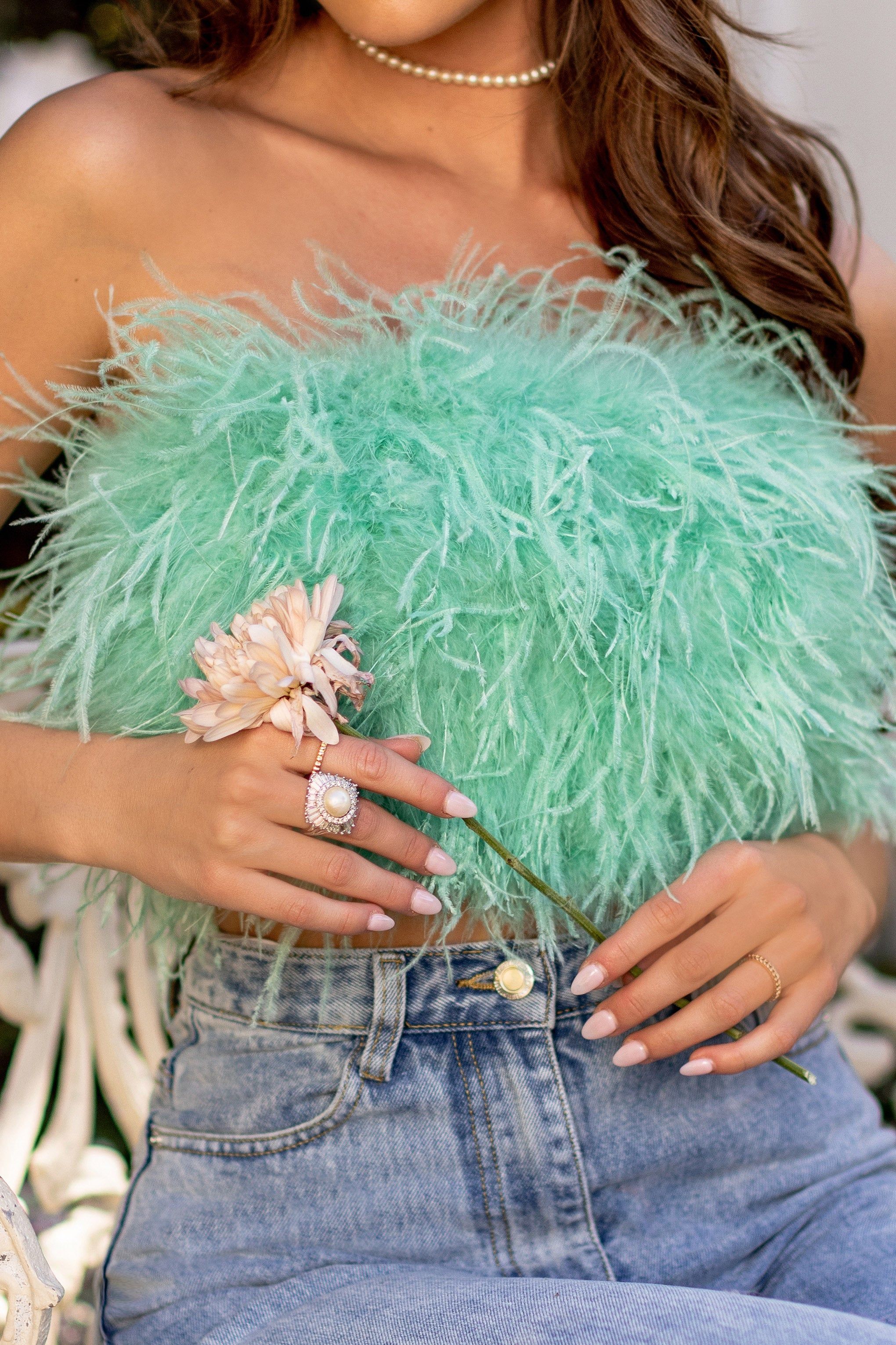 Dream Daze | Mint Green Feather Bandeau Crop Top sold by Club L London product image thumbnail 5
