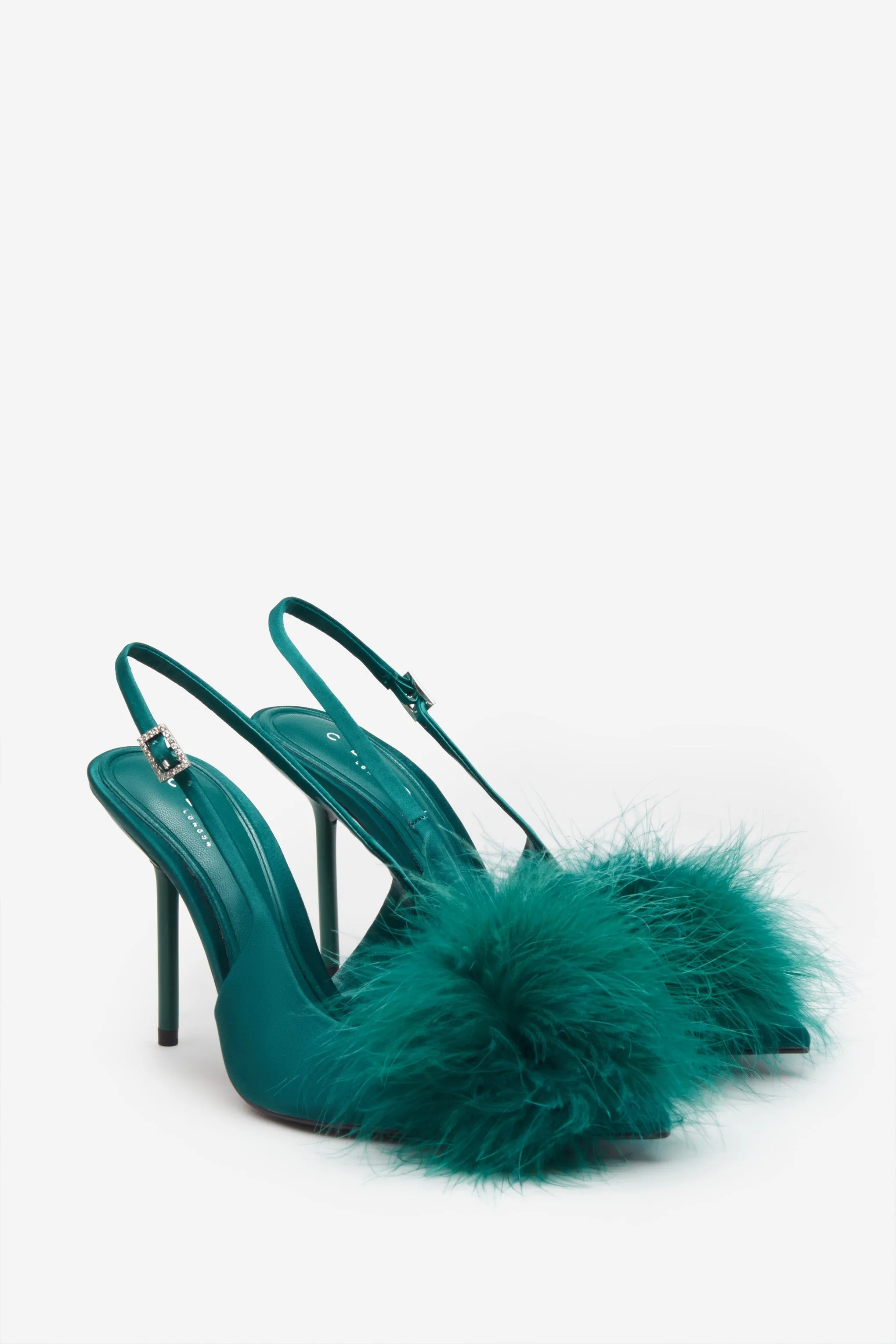 High Pitched | Green Satin Sling Back Heels With Pom Poms sold by Club L London product image thumbnail 2