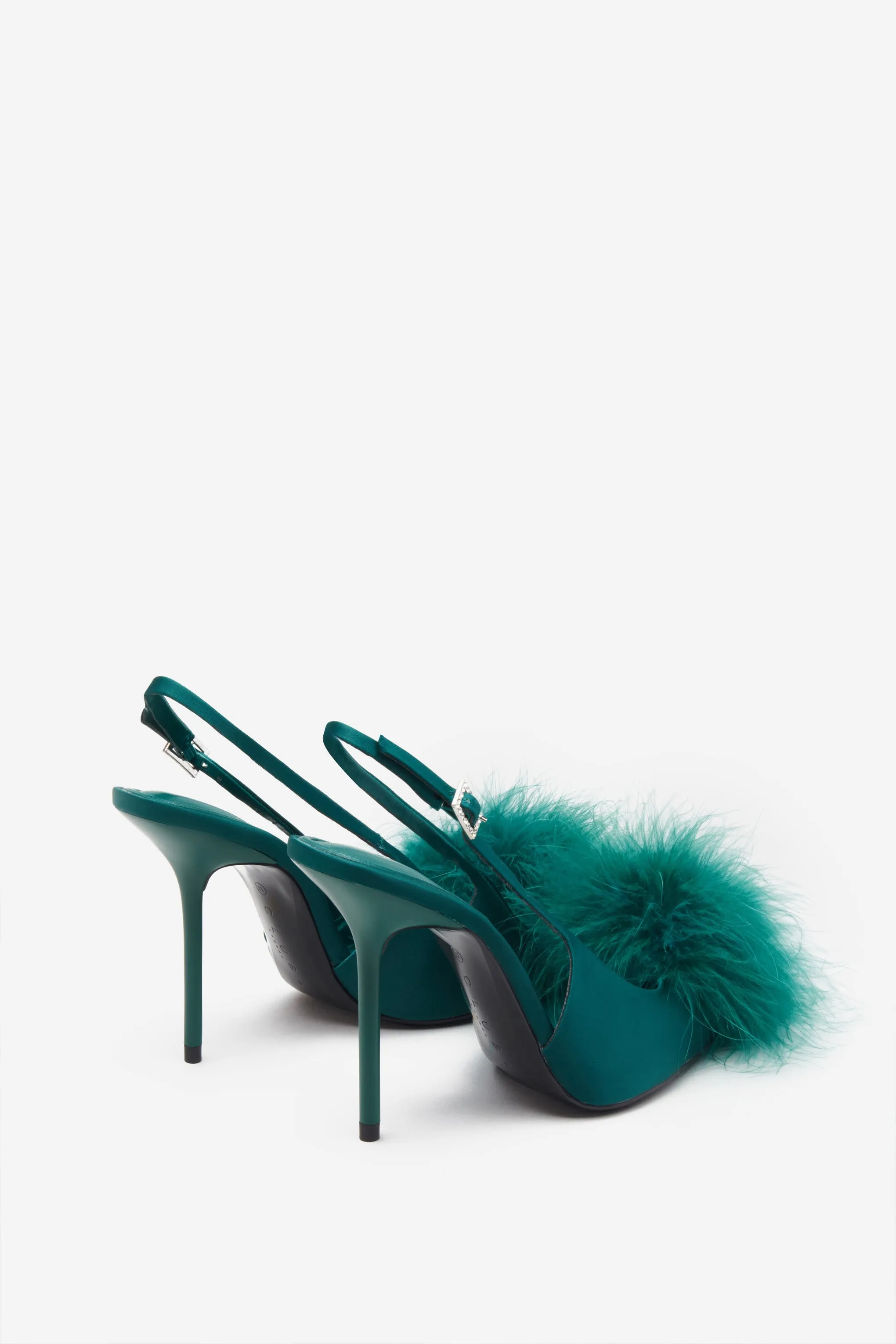 High Pitched | Green Satin Sling Back Heels With Pom Poms sold by Club L London product image thumbnail 5
