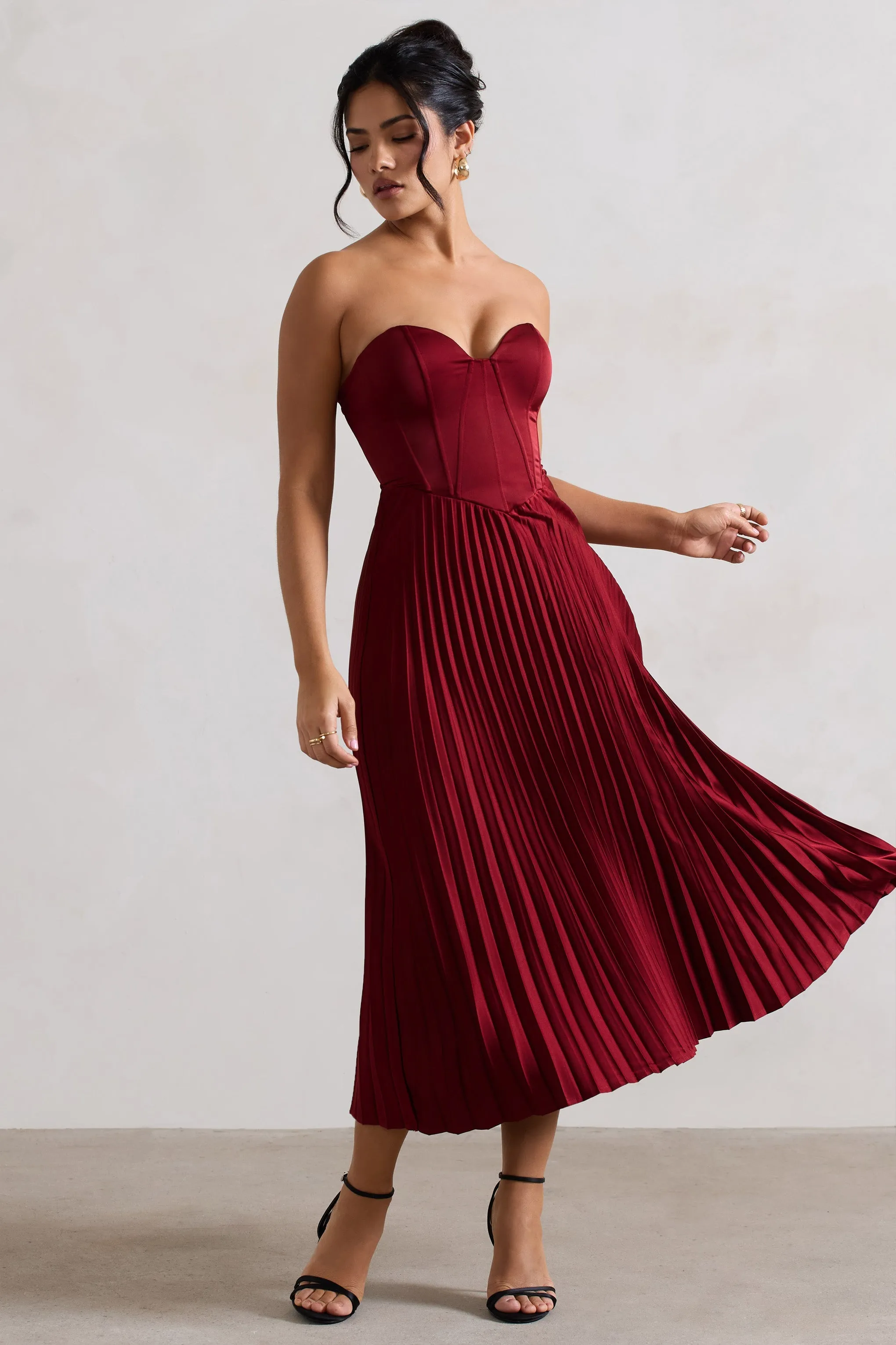 Bordeaux | Berry Satin Corset Style Midi Dress sold by Club L London