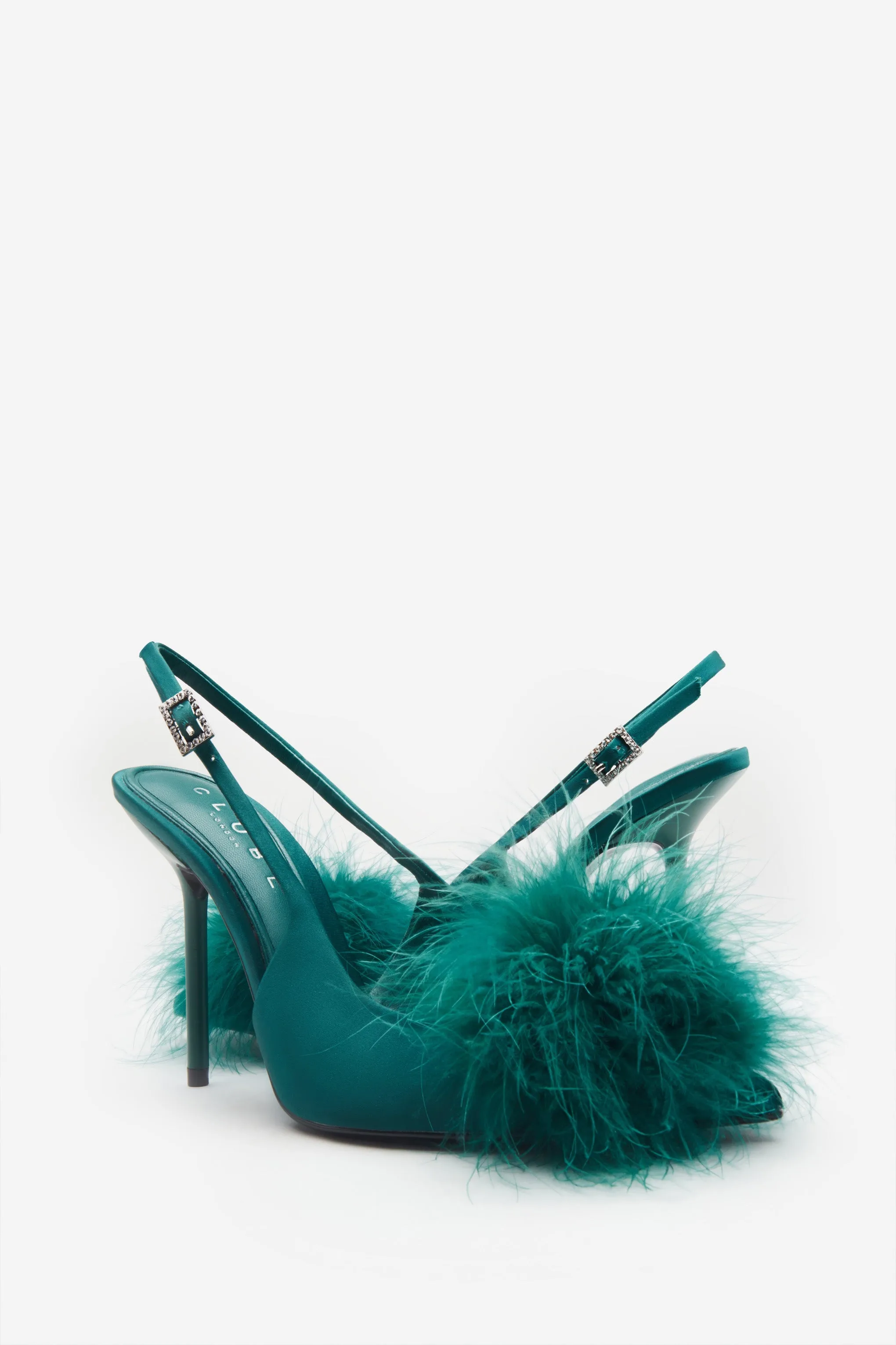 High Pitched | Green Satin Sling Back Heels With Pom Poms sold by Club L London product image thumbnail 3
