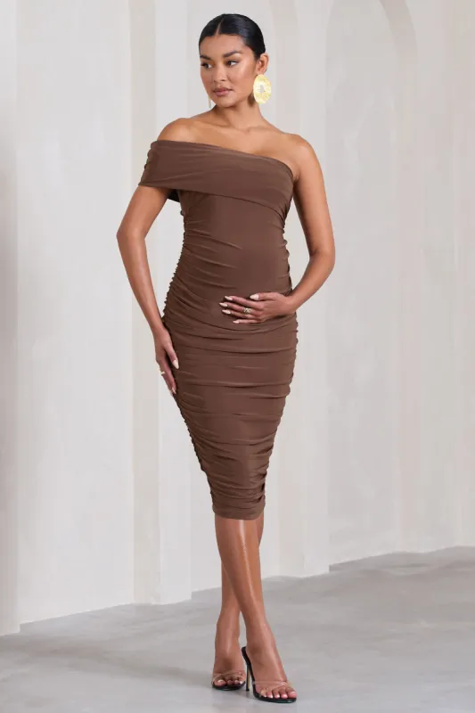 Remember Me | Chocolate Maternity One Shoulder Midi Dress sold by Club L London