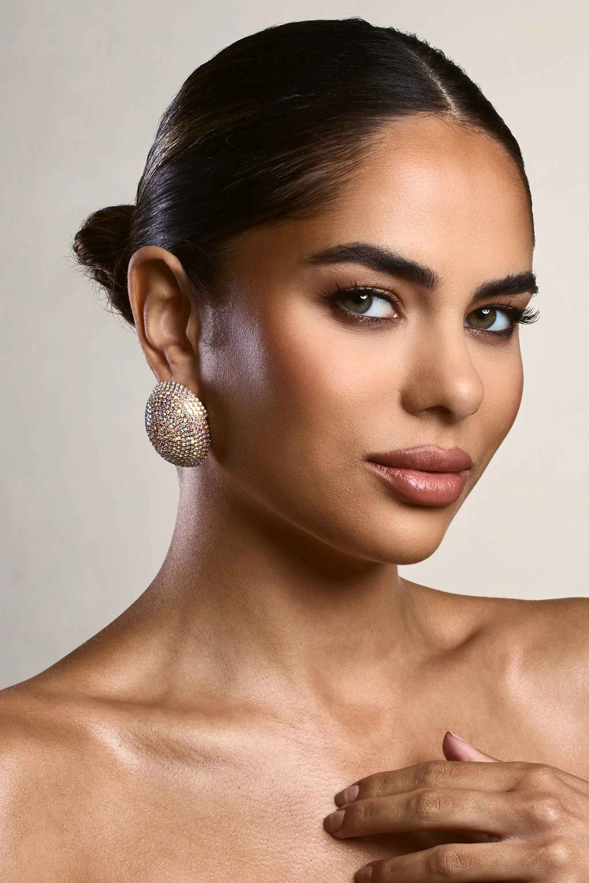 Tennessee | Gold Diamante Chunky Oval Earrings sold by Club L London product image thumbnail 3