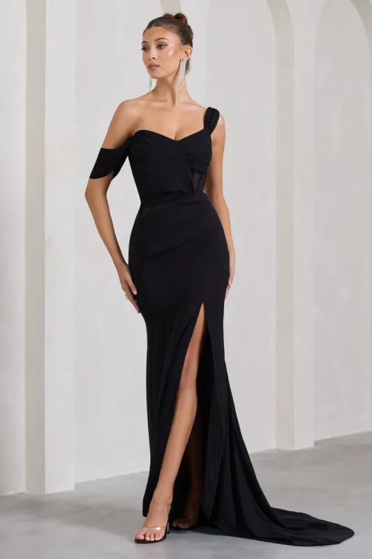 Fatal Attraction | Black Chiffon Fishtail Maxi Dress With Draped Sleeves sold by Club L London