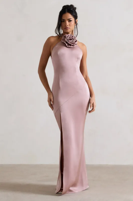 Cesca | Blush Pink Satin Halter-Neck Maxi Dress With Flower Corsage sold by Club L London