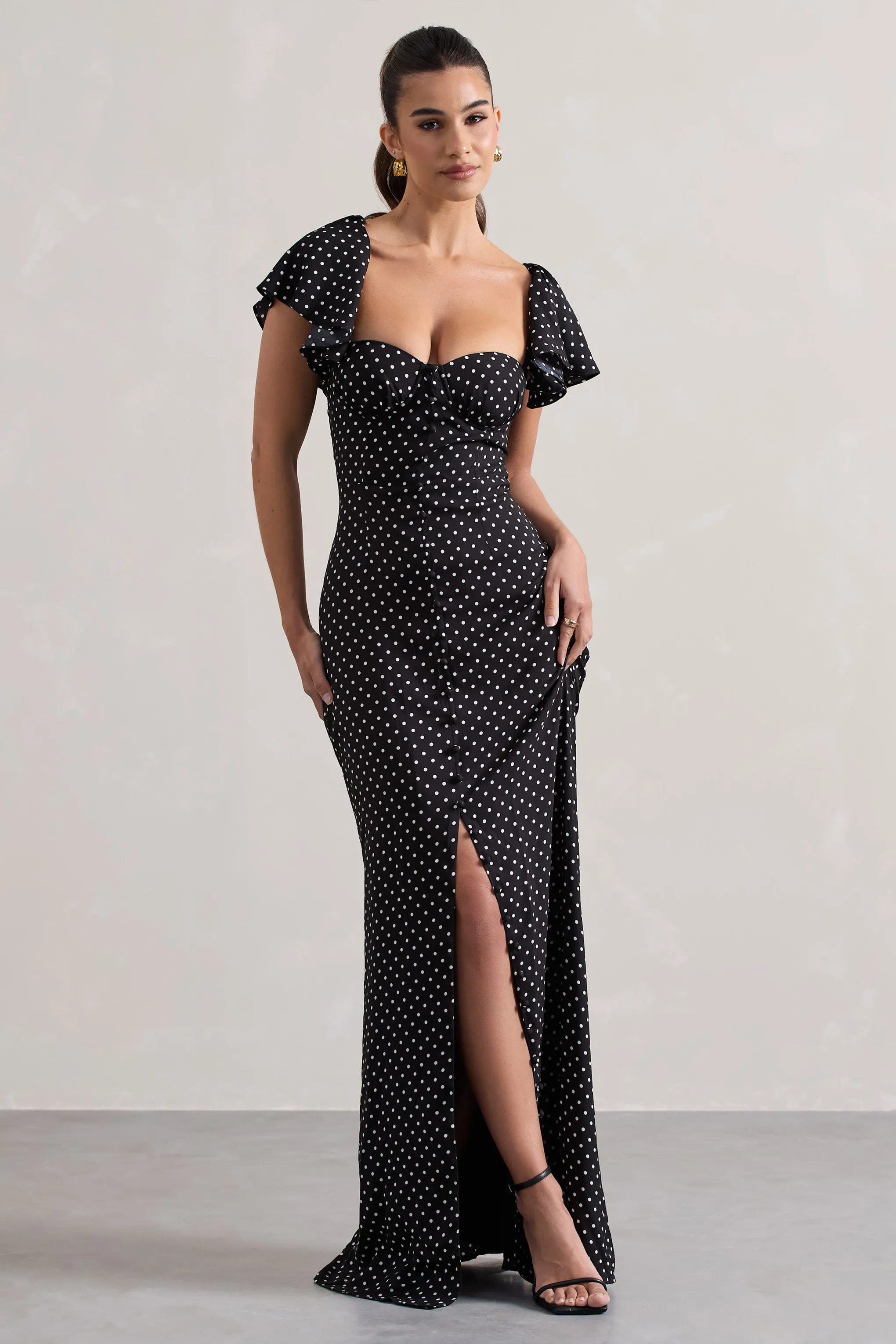 Signorina | Black Polka Dot Buttoned Maxi Dress With Flounced Short Sleeves sold by Club L London product image thumbnail 4