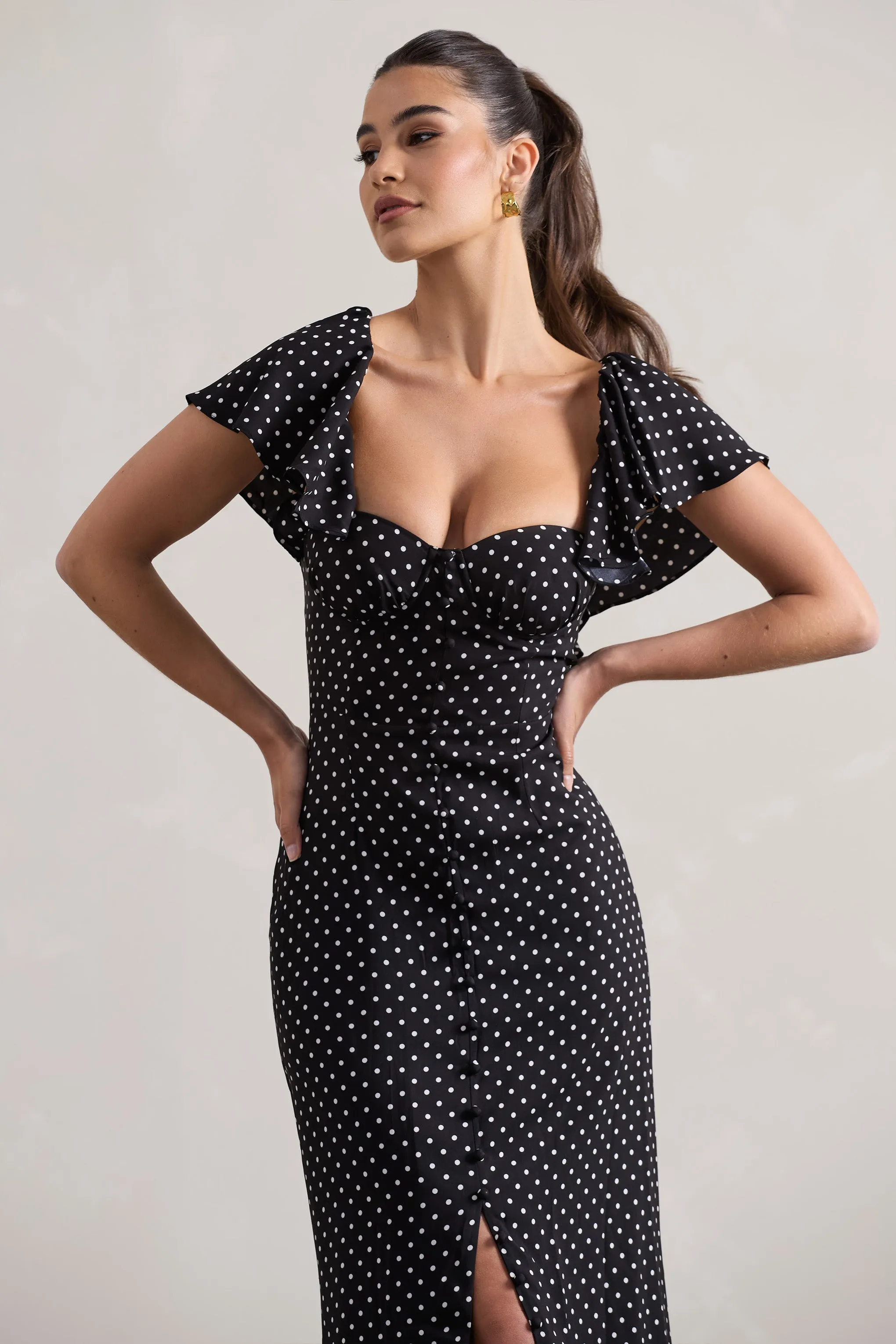 Signorina | Black Polka Dot Buttoned Maxi Dress With Flounced Short Sleeves sold by Club L London product image thumbnail 3
