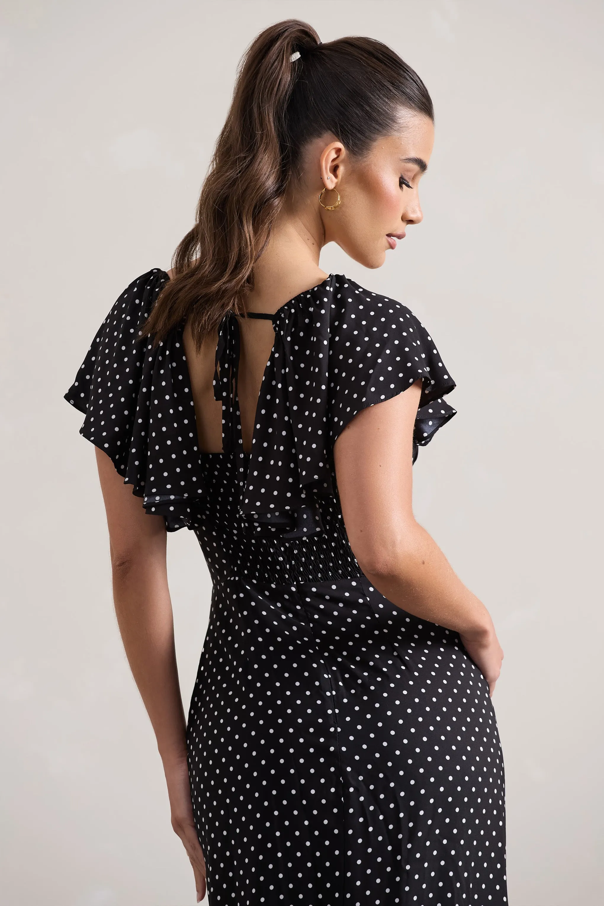 Signorina | Black Polka Dot Buttoned Maxi Dress With Flounced Short Sleeves sold by Club L London product image thumbnail 5